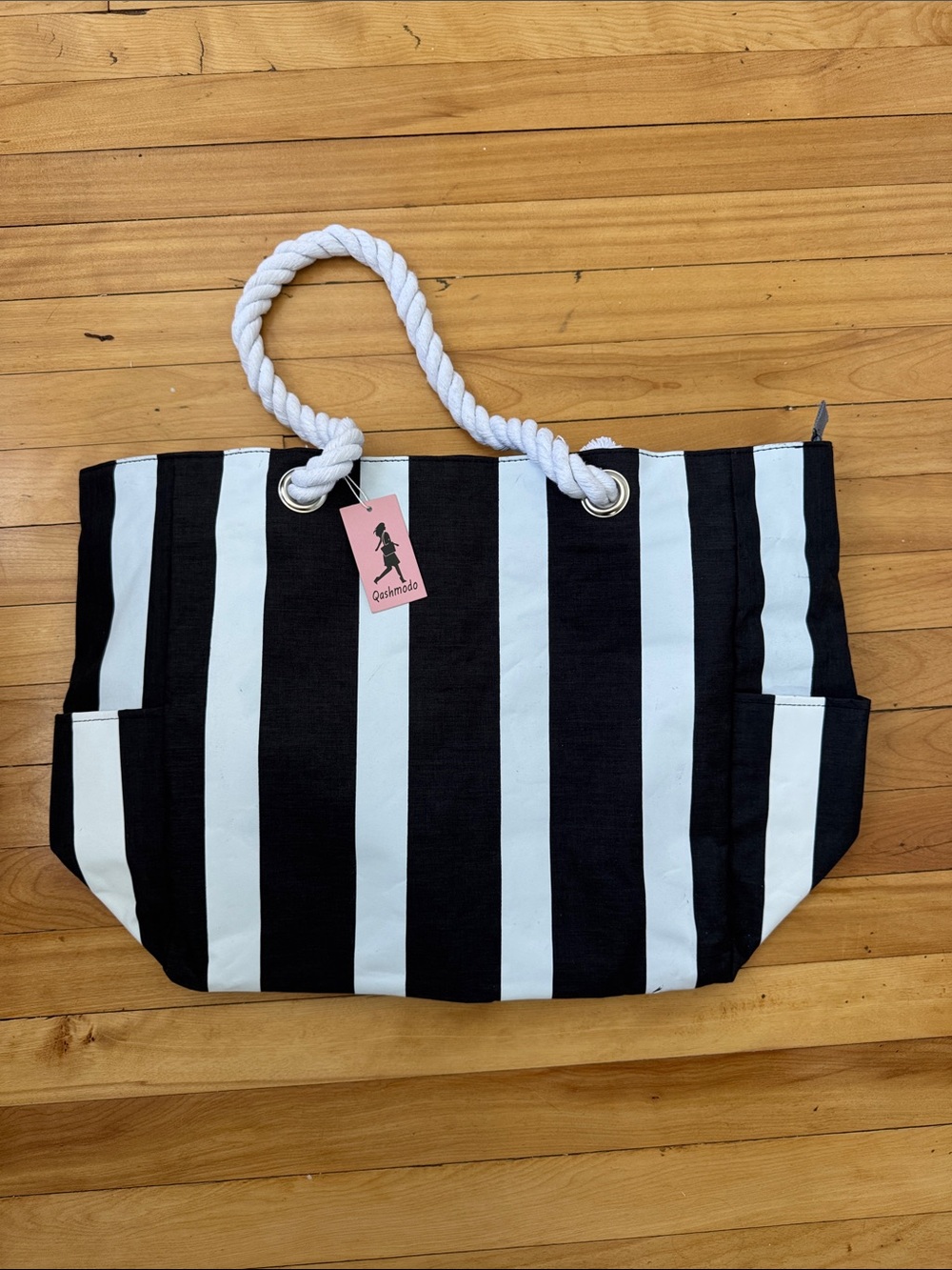 Black & White Striped Rope-Handle Beach Tote -